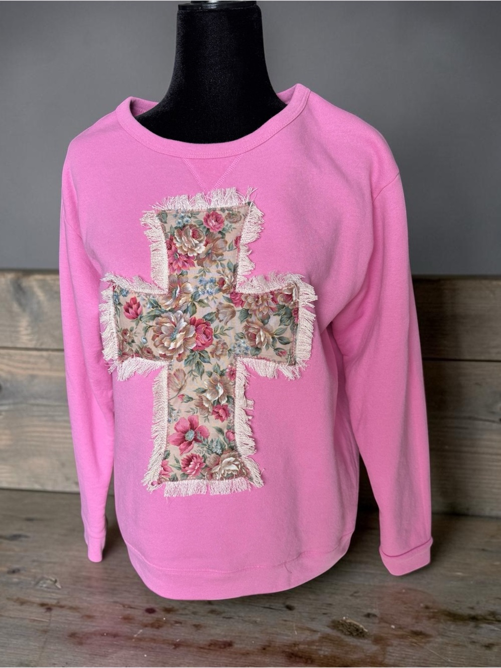 Upcycled Vintage styled Pink Crewneck Sweatshirt with Floral Trimmed Cross